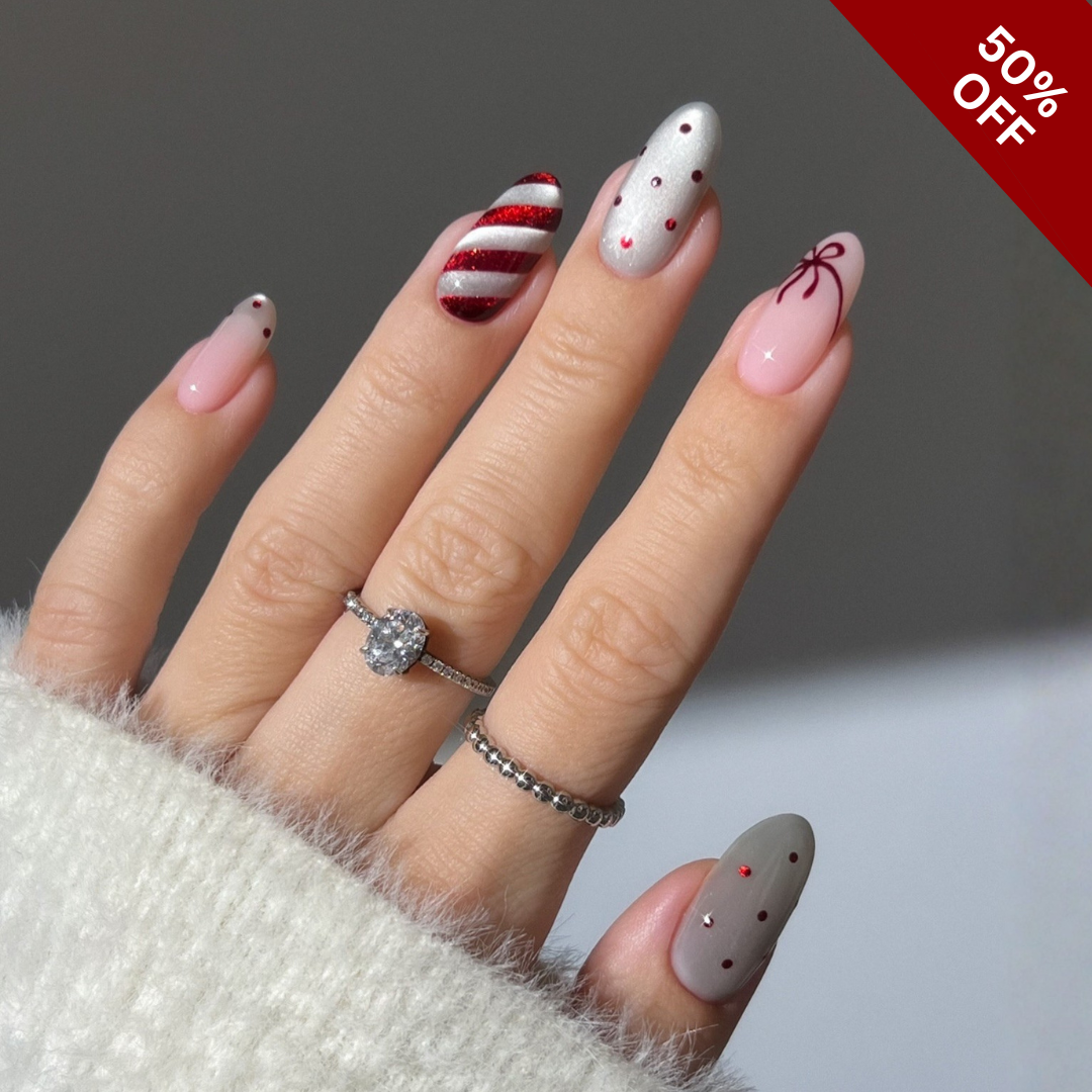 Holiday Sparkle ombre gradient press-on nails - almond shape, front view