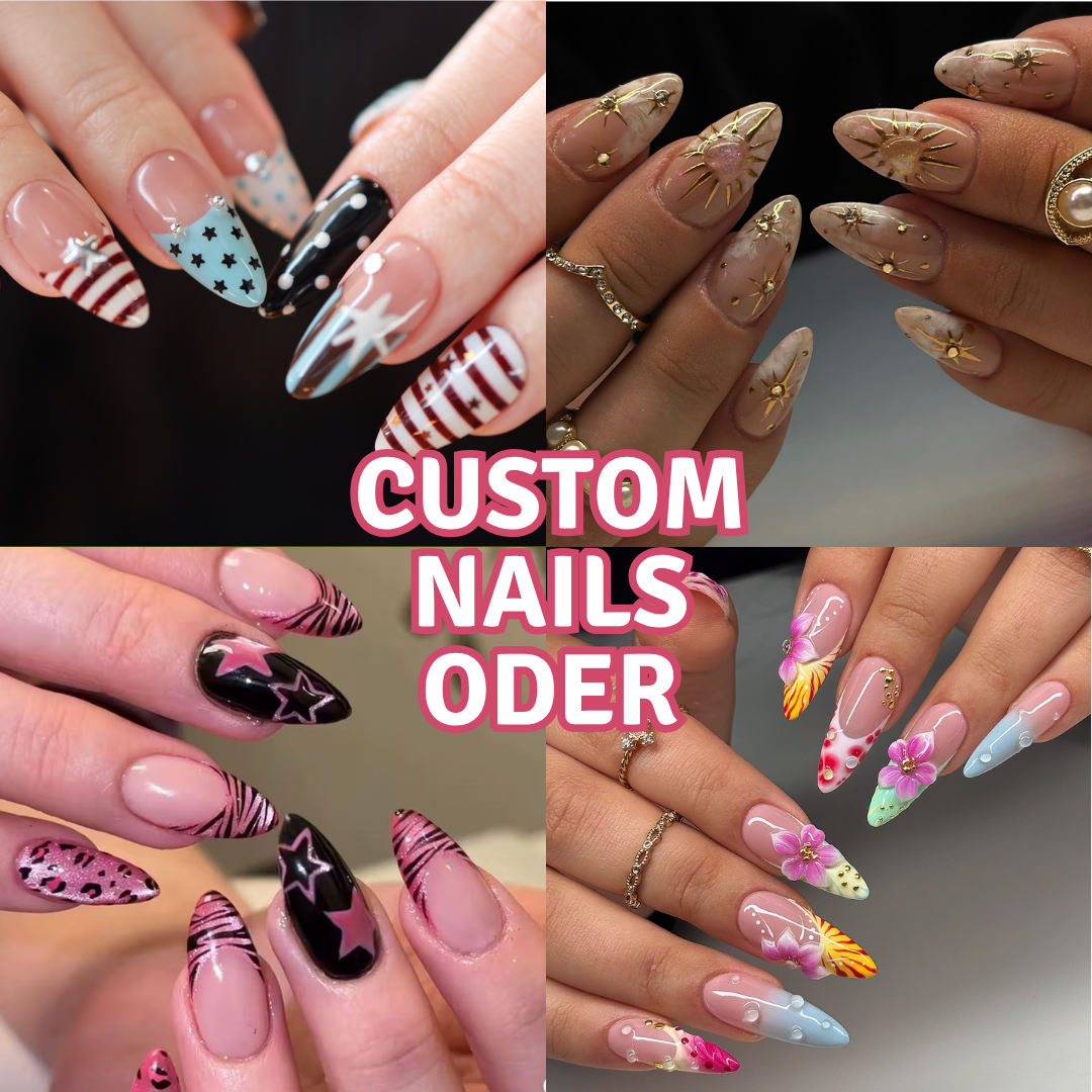Custom press-on nail design example with stars, stripes, dots, and glossy details
