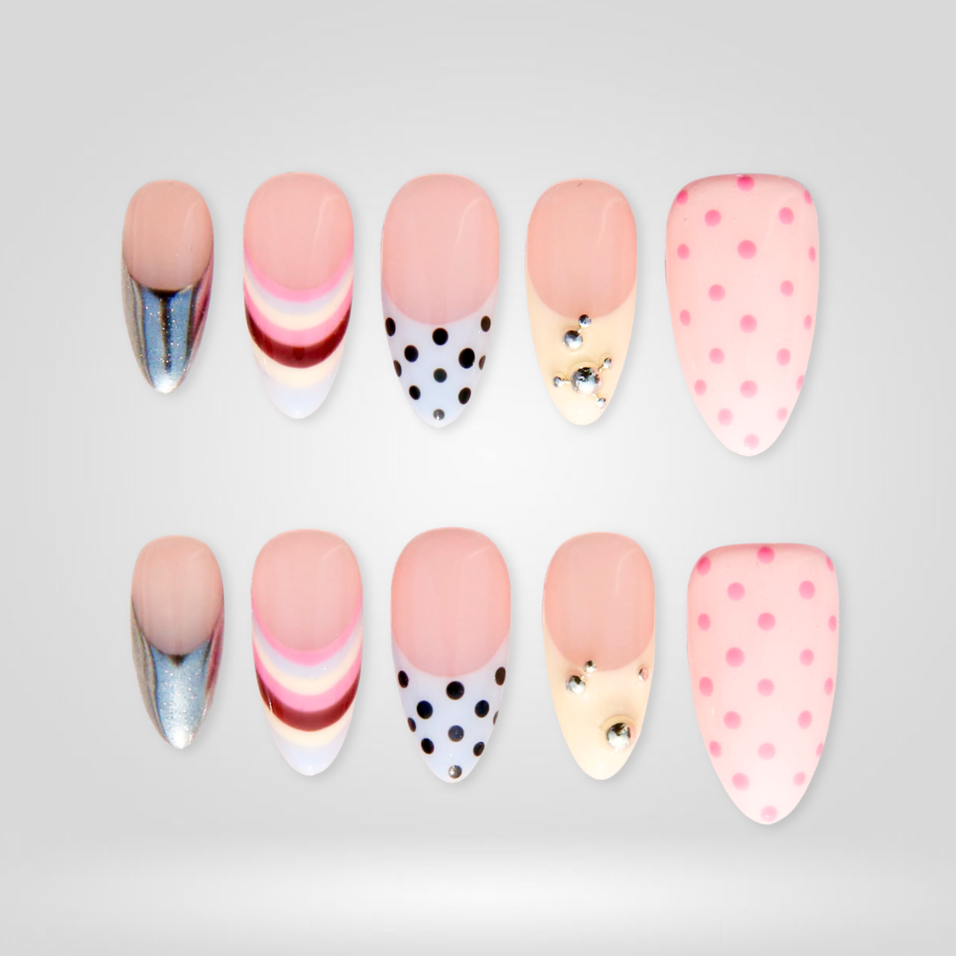 Summer Dots press-on nails on hand - lifestyle photo, polka dot finish