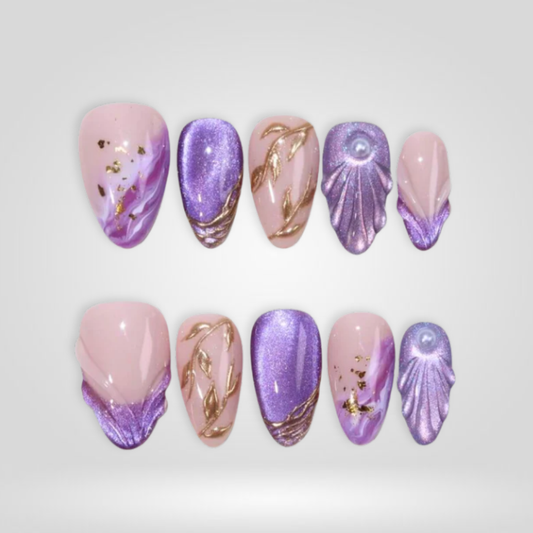 Violet Shell pastel press-on nails - almond shape, front view