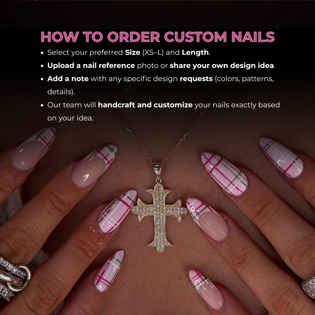 Custom almond press-on nail example with gold celestial accents