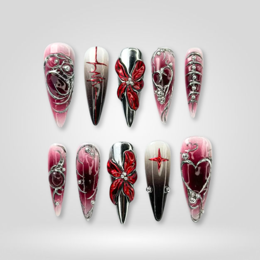 Mystic Noir soft neutral press-on nails - almond shape, front view
