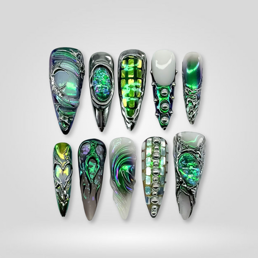 Violet Spark sparkle press-on nails - almond shape, front view