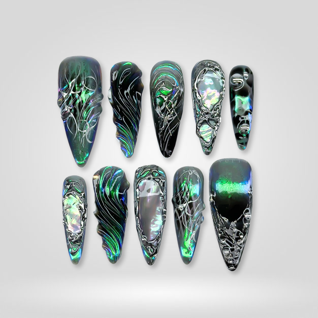 Glitter Black sparkle press-on nails - almond shape, front view