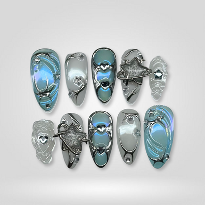 Iron Bloom floral press-on nails - almond shape, front view