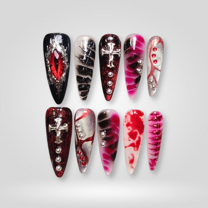 Blood Chrome pearl-shift press-on nails - almond shape, front view