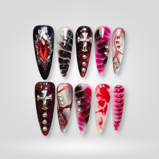 Blood Chrome pearl-shift press-on nails - almond shape, front view