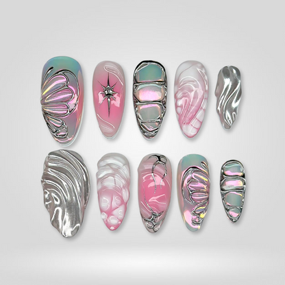 Steel Heart pearl-shift press-on nails - almond shape, front view