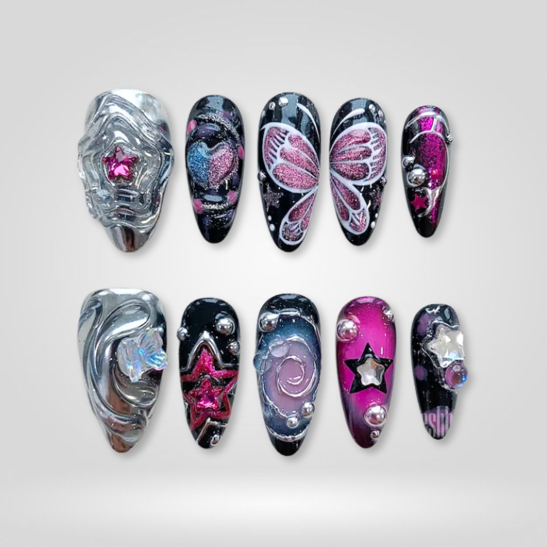 Gothic Glow soft neutral press-on nails - almond shape, front view