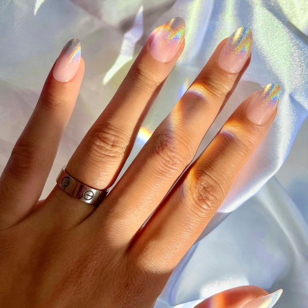 Winter Storm french tip press-on nails - almond shape, front view