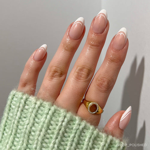 Paris french tip press-on nails - almond shape, front view