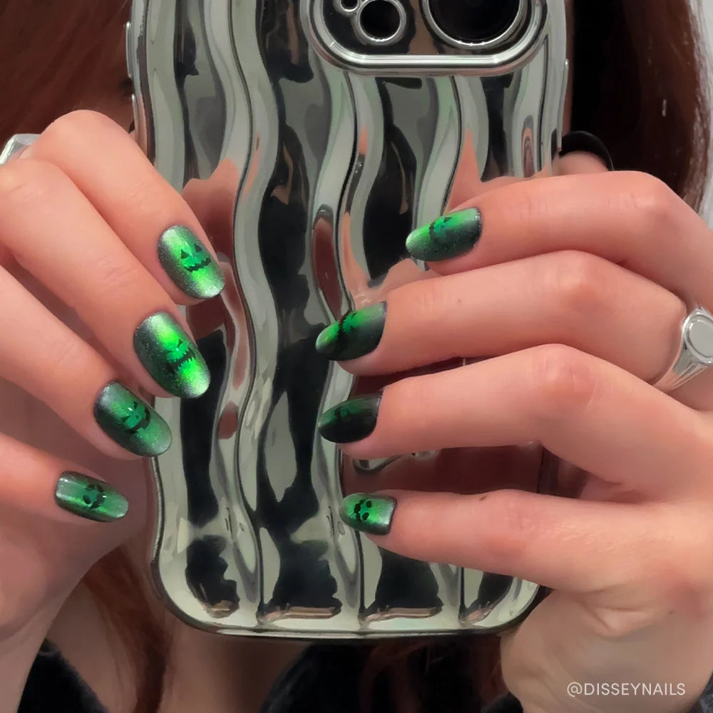 Peek-o’-Lantern press-on nails close-up texture detail - cat-eye velvet finish, US shipping