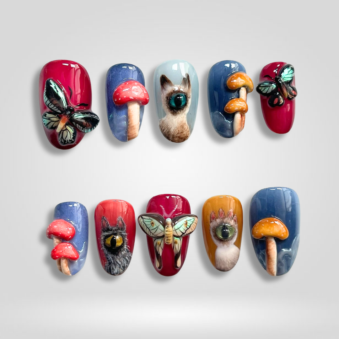Mystic Mushroom 3d sculptural press-on nails - almond shape, front view