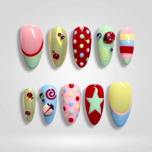 Sweet Candy polka dot press-on nails - almond shape, front view