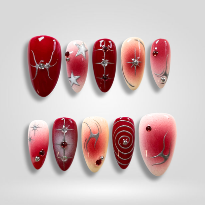 Crimson Orbit 3d sculptural press-on nails - almond shape, front view