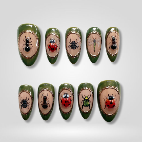Bug Garden 3d sculptural press-on nails - almond shape, front view
