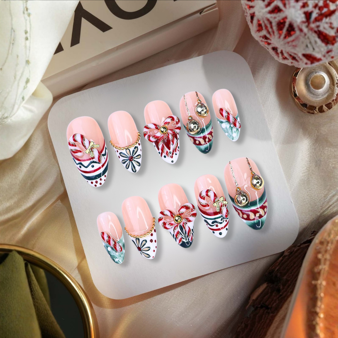 Peppermint Kiss press-on nails on hand - lifestyle photo, milky cloud dancer finish