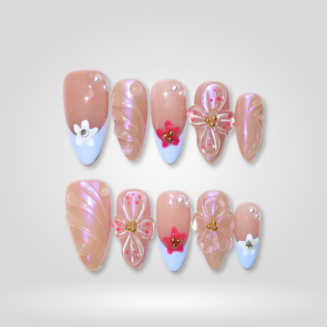 Petal Pop floral press-on nails - almond shape, front view