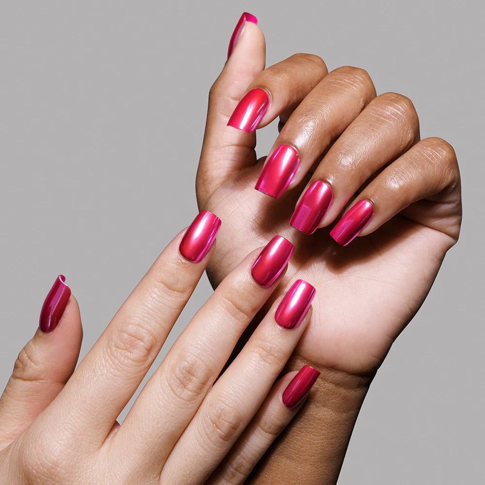 Pink Alloy press-on nails on hand - lifestyle photo, pearl-shift finish