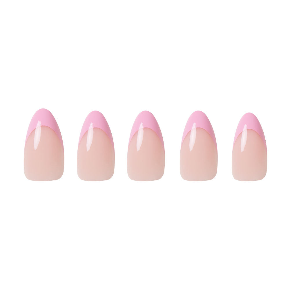 Pink Macaron press-on nails on hand - lifestyle photo, french tip finish