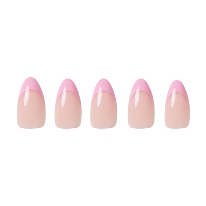 Pink Macaron press-on nails on hand - lifestyle photo, french tip finish