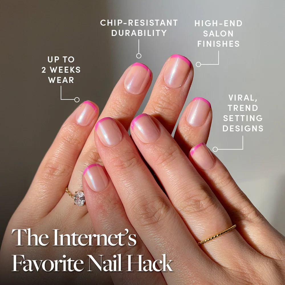 Pink Tutu press-on nails close-up texture detail - dipped french finish, US shipping