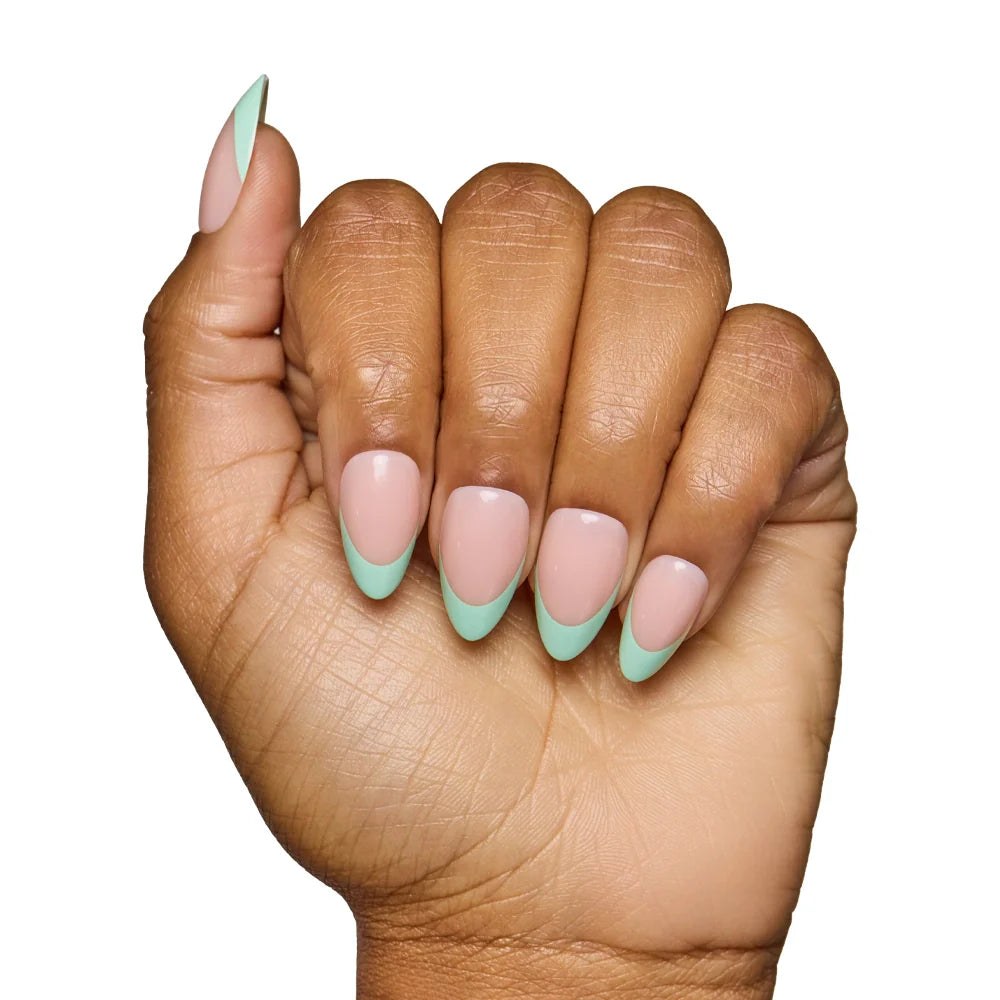 Pistachio Crème press-on nails on hand - lifestyle photo, french tip finish