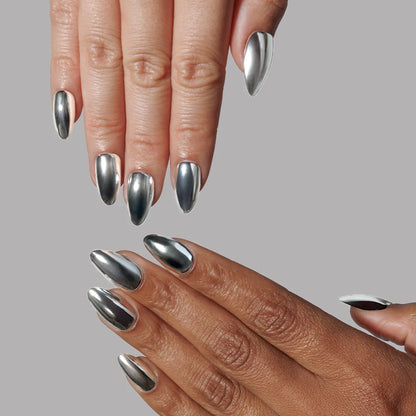 Platinum press-on nails on hand - lifestyle photo, pearl-shift finish