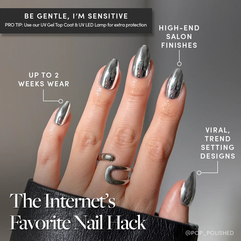 Platinum press-on nails close-up texture detail - pearl-shift finish, US shipping