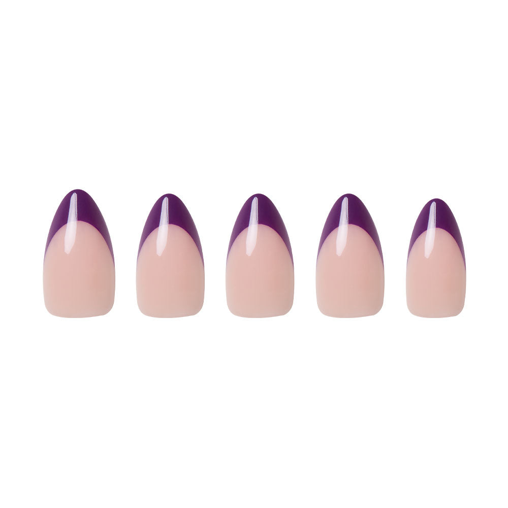Plum press-on nails on hand - lifestyle photo, french tip finish