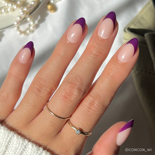 Plum french tip press-on nails - almond shape, front view