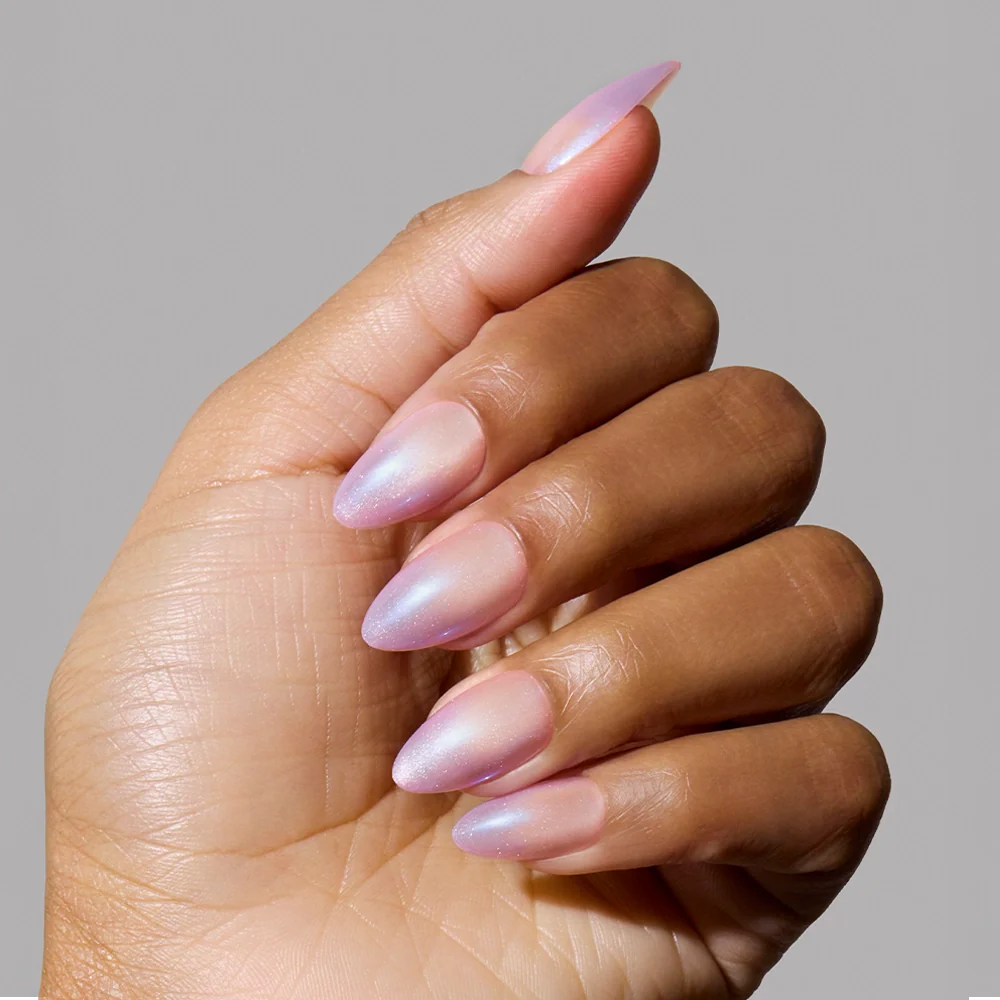 Polar Day press-on nails on hand - lifestyle photo, cat-eye velvet finish