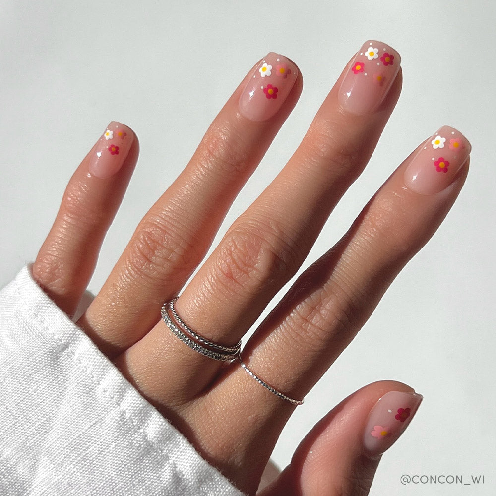 Pretty Bloom french tip press-on nails - square shape, front view