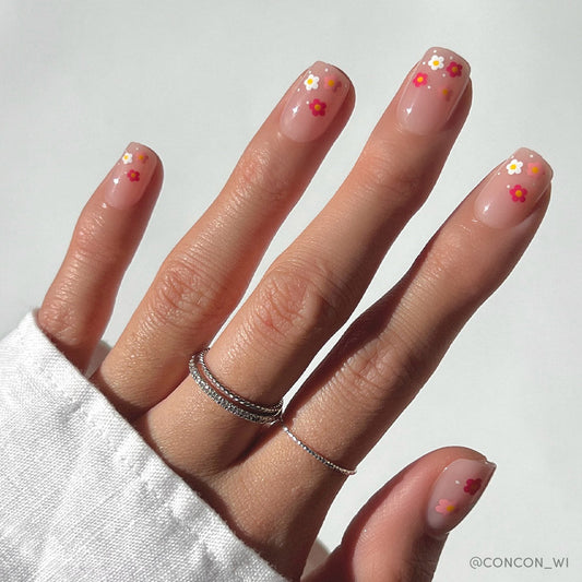 Pretty Bloom french tip press-on nails - square shape, front view