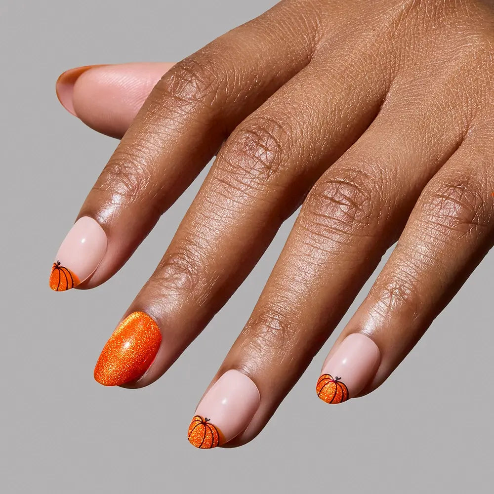 Pumpkin Patch press-on nails on hand - lifestyle photo, cat-eye velvet finish