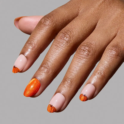 Pumpkin Patch press-on nails on hand - lifestyle photo, cat-eye velvet finish