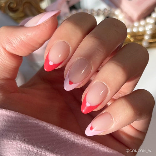 Pure Hearted french tip press-on nails - almond shape, front view