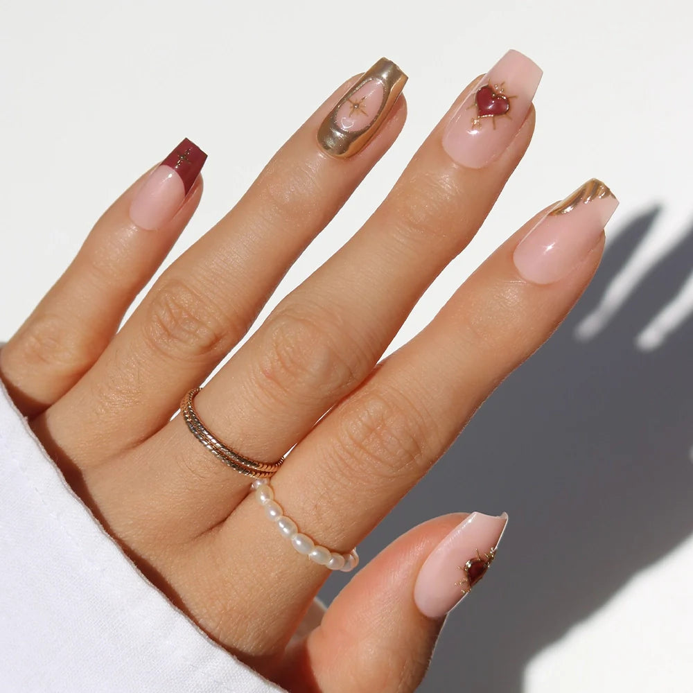 Queen of Hearts french tip press-on nails - coffin/ballerina shape, front view