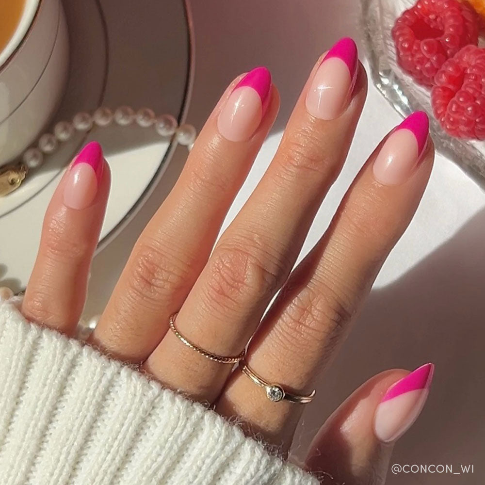 Raspberry Sorbet french tip press-on nails - almond shape, front view