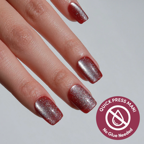Red Allure cat-eye velvet press-on nails - square shape, front view