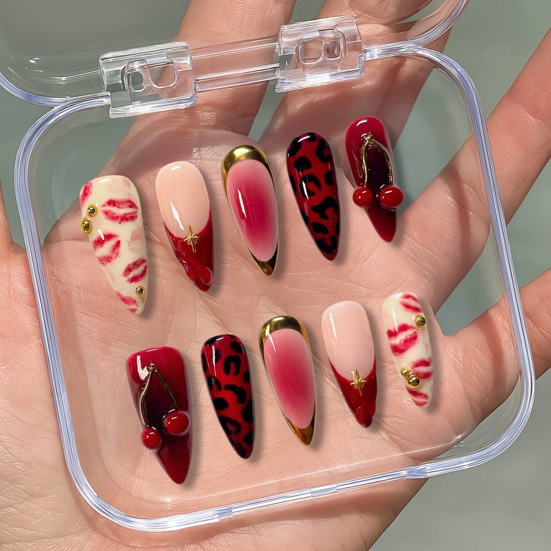 Red Kiss press-on nail set - XS to L sizing, berry design
