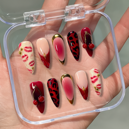 Red Kiss press-on nail set - XS to L sizing, berry design