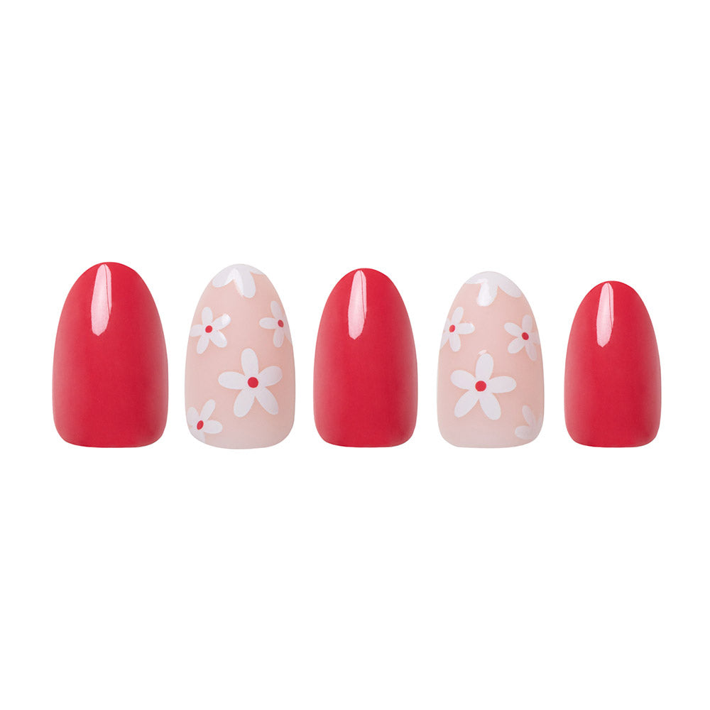 Red Blossom press-on nails close-up texture detail - floral finish, US shipping