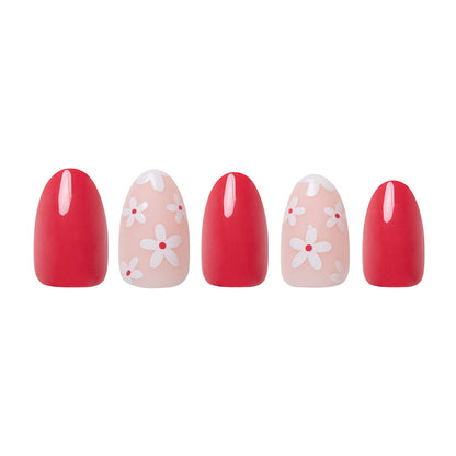 Red Blossom press-on nails close-up texture detail - floral finish, US shipping