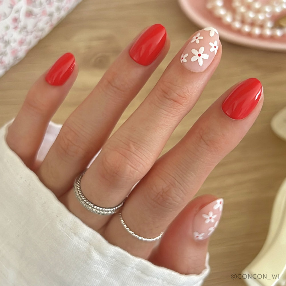Red Blossom floral press-on nails - oval shape, front view