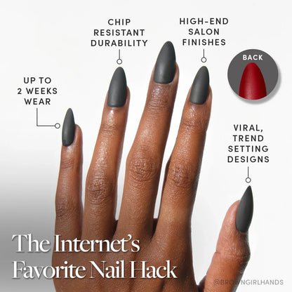 Red Bottom press-on nails close-up texture detail - cat-eye velvet finish, US shipping