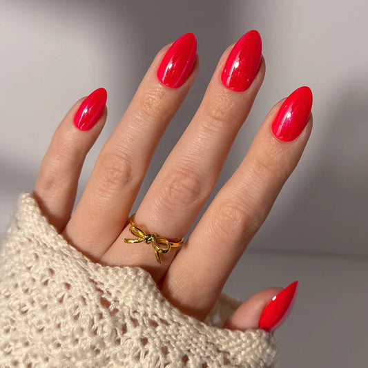 Red Flag jelly glaze press-on nails - almond shape, front view
