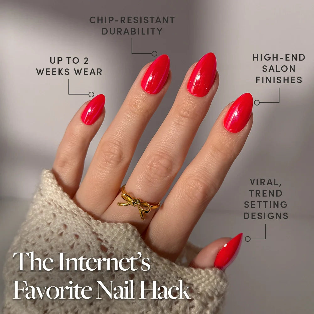 Red Flag press-on nails close-up texture detail - jelly glaze finish, US shipping