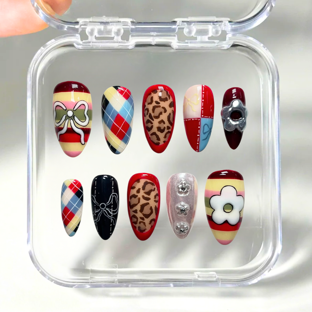 Retro Muse press-on nails on hand - lifestyle photo, 3d sculptural finish