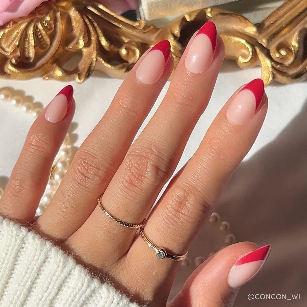 Rose Garden french tip press-on nails - almond shape, front view